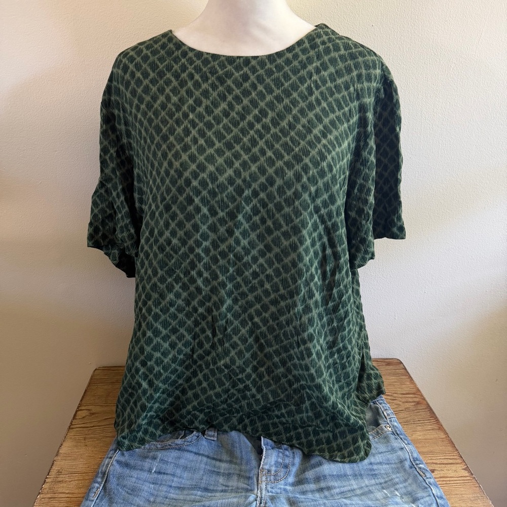 Vintage Ali Miles Dark Green Diamond-Print Short Sleeve Top